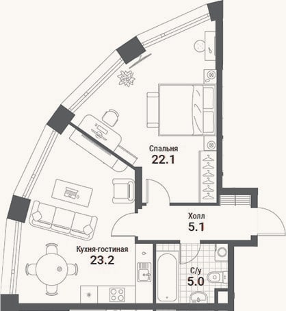 Планировка: 2-к, 55,4 м²