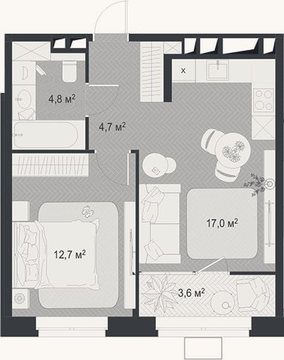 Планировка: 2-к, 39,2 м²
