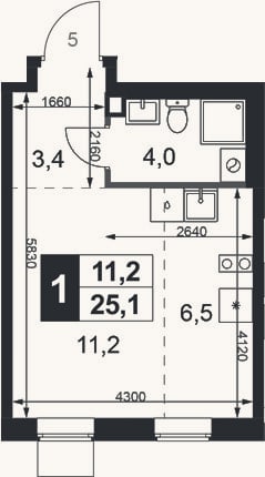 Планировка: Студия, 25,1 м²