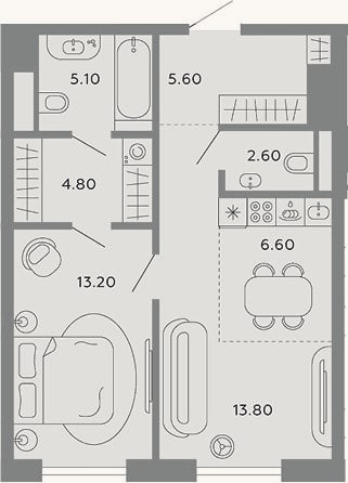 Планировка: 2-к, 51,7 м²