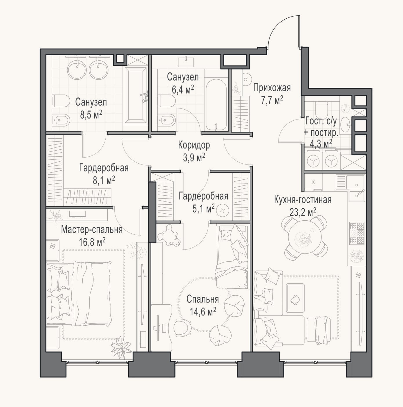 Планировка: 3-к, 99,5 м²