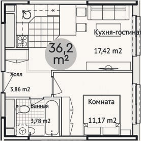 Планировка: 2-к, 37,6 м²