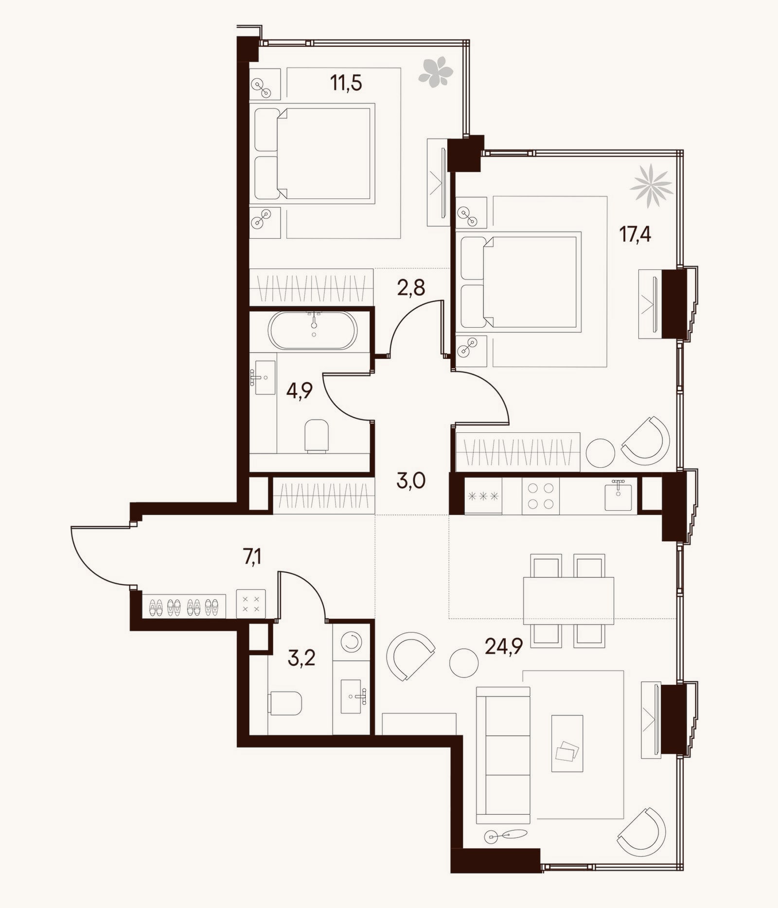Планировка: 3-к, 74,8 м²