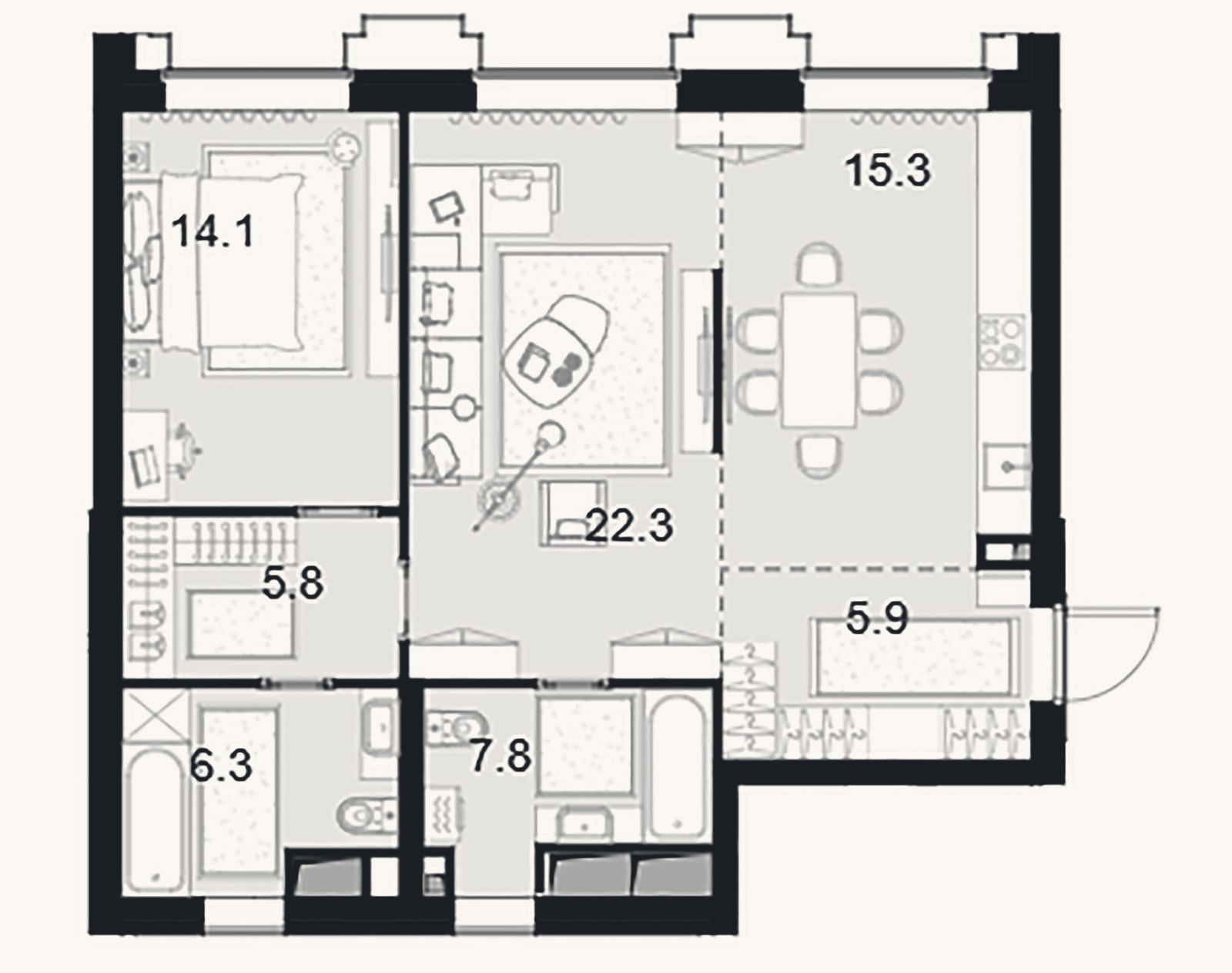 Планировка: 2-к, 77,5 м²