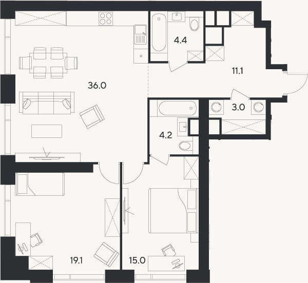Планировка: 2-к, 92,8 м²