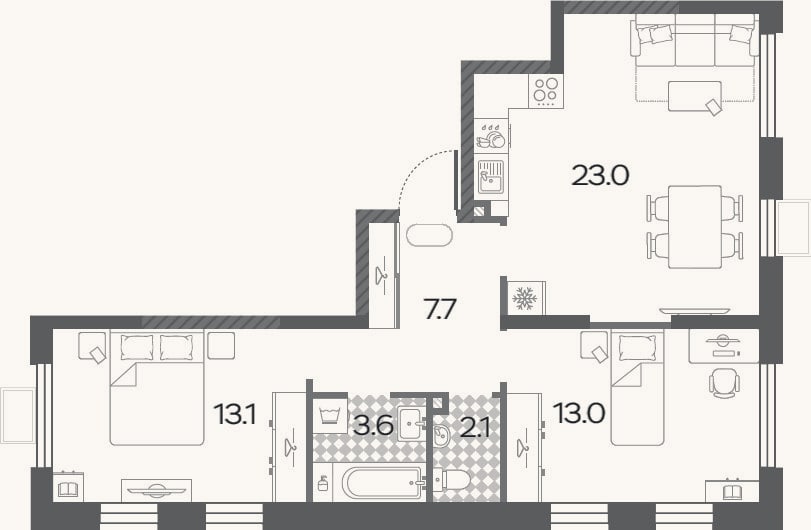 Планировка: 3-к, 62,5 м²