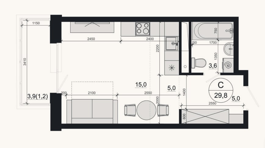 Планировка: Студия, 28,6 м²