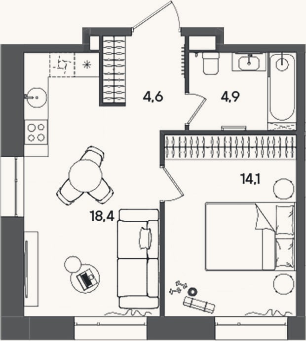 Планировка: 2-к, 42 м²