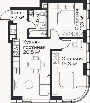 Планировка: 3-к, 56,3 м²