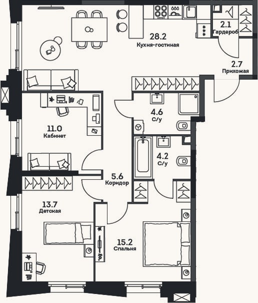 Планировка: 4+ к, 87,3 м²