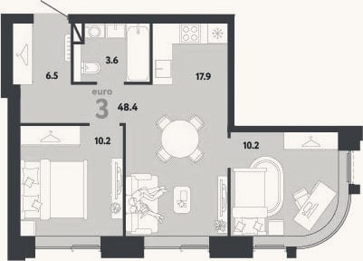 Планировка: 3-к, 48,4 м²