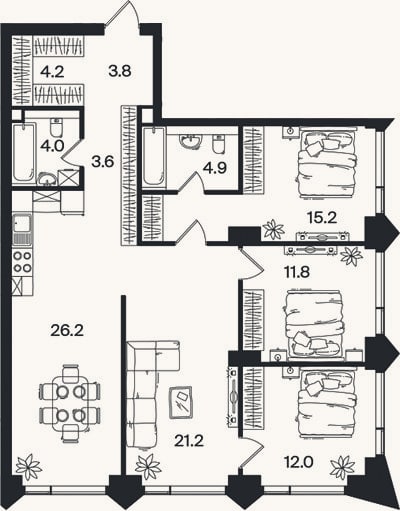 Планировка: 4+ к, 106,9 м²