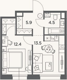 Планировка: 1-к, 38,7 м²
