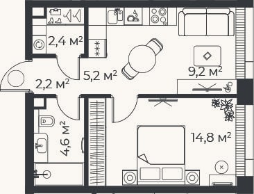 Планировка: 2-к, 38,4 м²