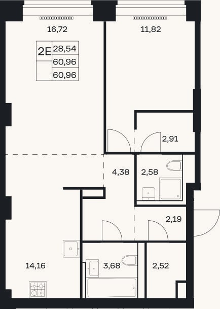 Планировка: 2-к, 61 м²