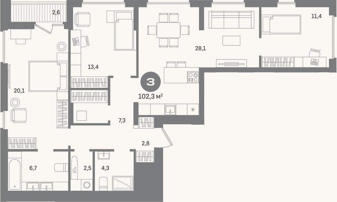 Планировка: 3-к, 99,7 м²
