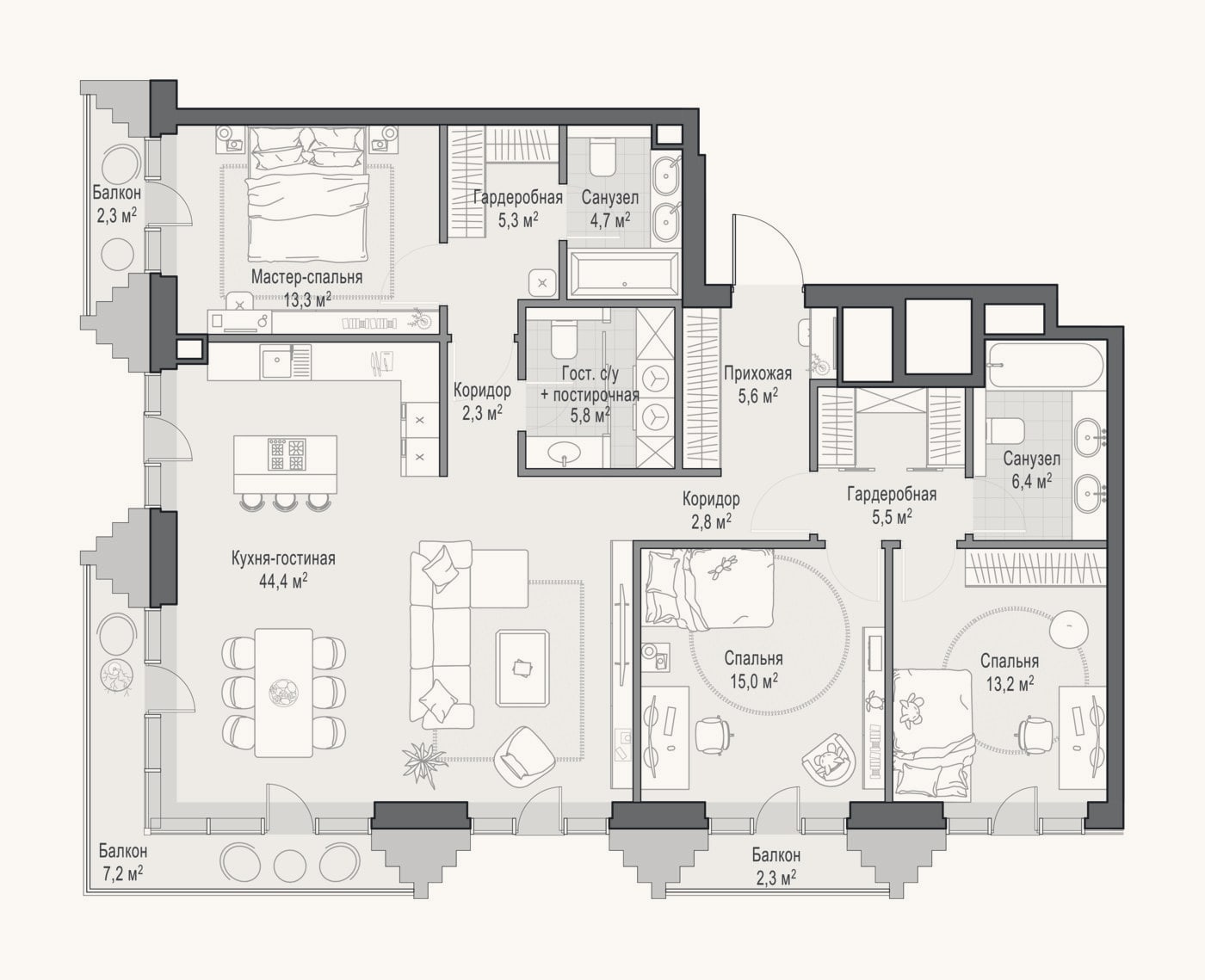 Планировка: 4+ к, 124 м²