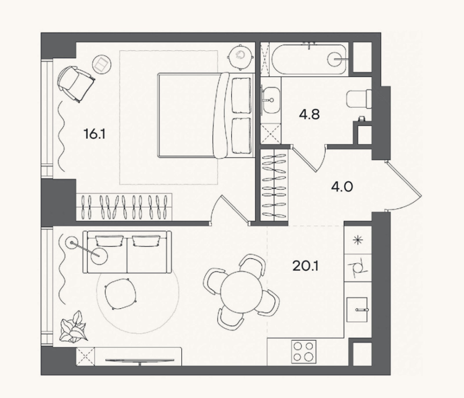Планировка: 2-к, 45 м²