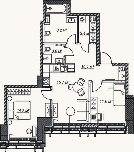 Планировка: 3-к, 65,6 м²