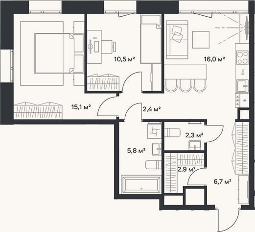 Планировка: 3-к, 61,7 м²