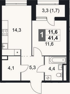 Планировка: 1-к, 39,7 м²