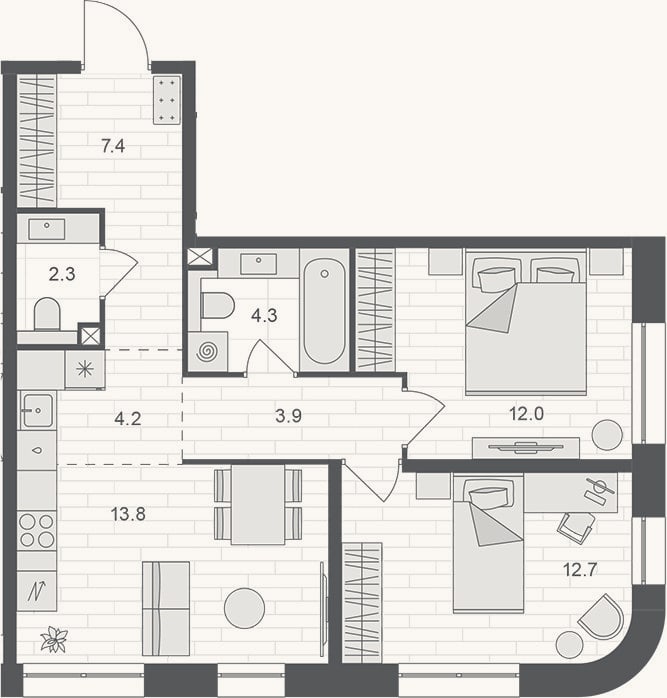 Планировка: 3-к, 60,6 м²