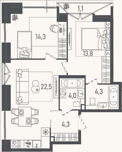 Планировка: 3-к, 63,2 м²