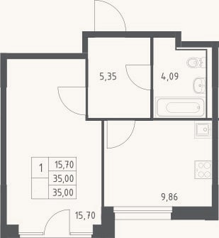 Планировка: 1-к, 35 м²