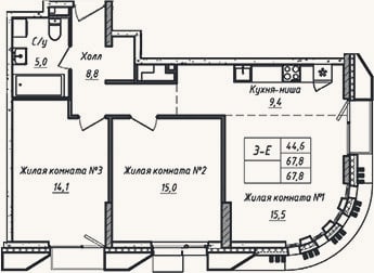 Планировка: 3-к, 67,8 м²