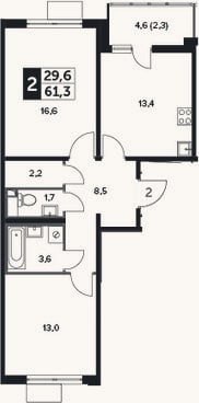 Планировка: 2-к, 59 м²