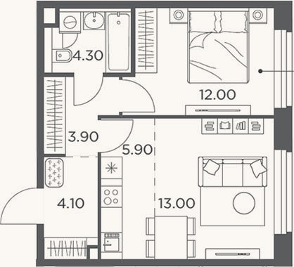 Планировка: 2-к, 43,2 м²