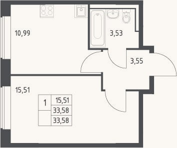 Планировка: 1-к, 33,6 м²