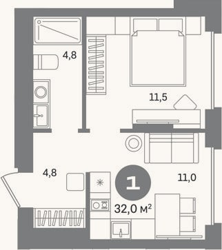 Планировка: 1-к, 32 м²