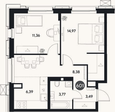 Планировка: 2-к, 48,4 м²