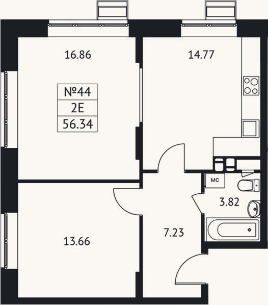 Планировка: 2-к, 56,3 м²