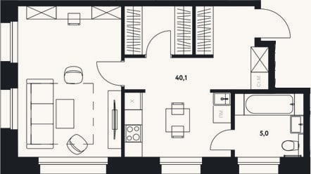 Планировка: Студия, 45,1 м²