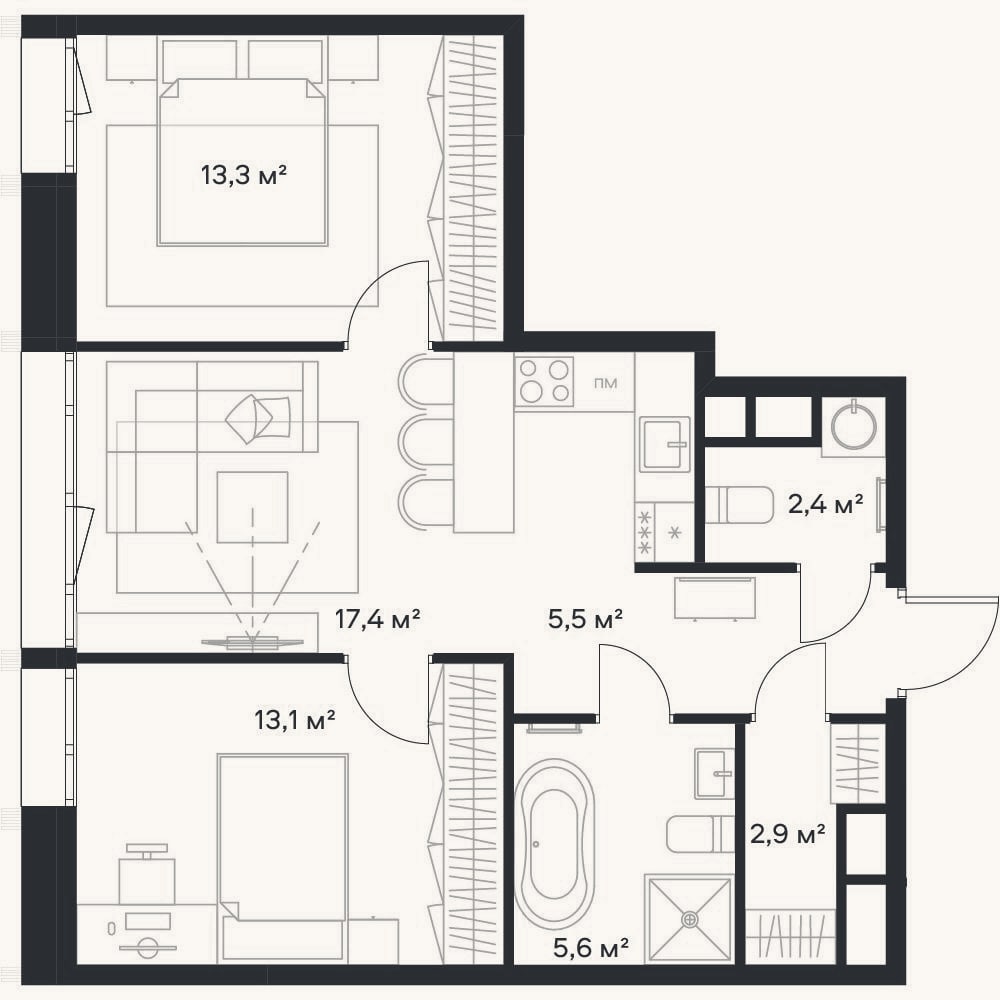 Планировка: 3-к, 60,2 м²