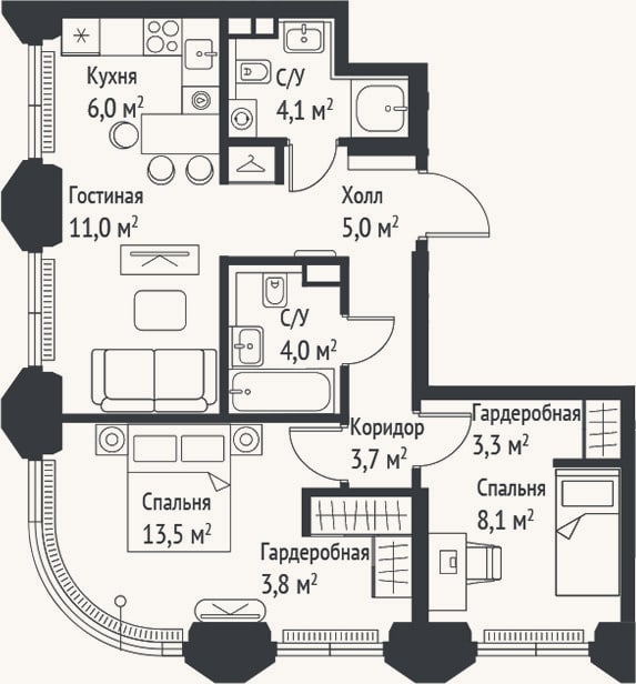 Планировка: 3-к, 62,2 м²