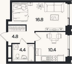 Планировка: 1-к, 36,4 м²