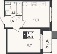 Планировка: 1-к, 33 м²