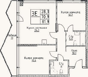 Планировка: 3-к, 70,9 м²