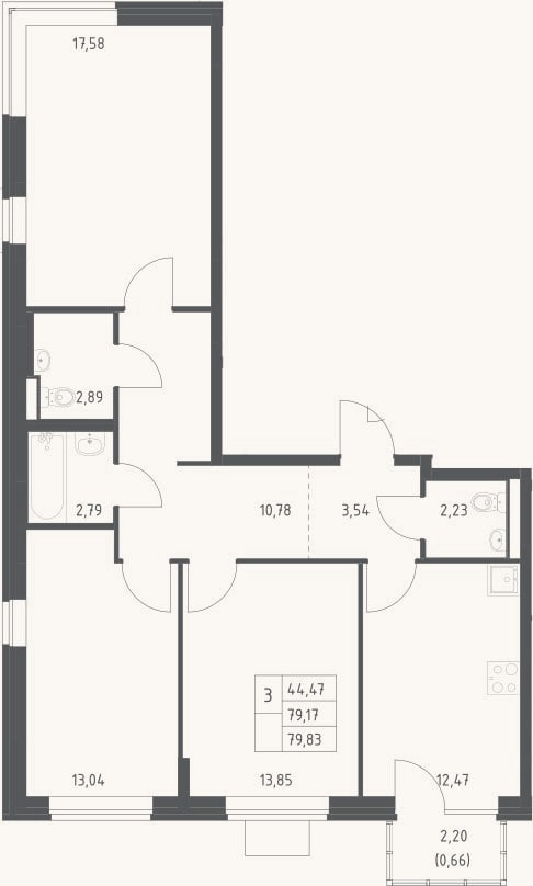 Планировка: 3-к, 79,2 м²