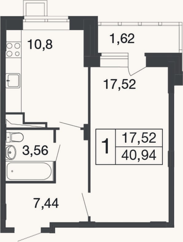 Планировка: 1-к, 39,3 м²