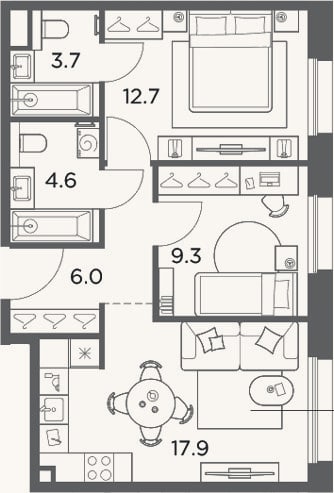 Планировка: 2-к, 54,2 м²