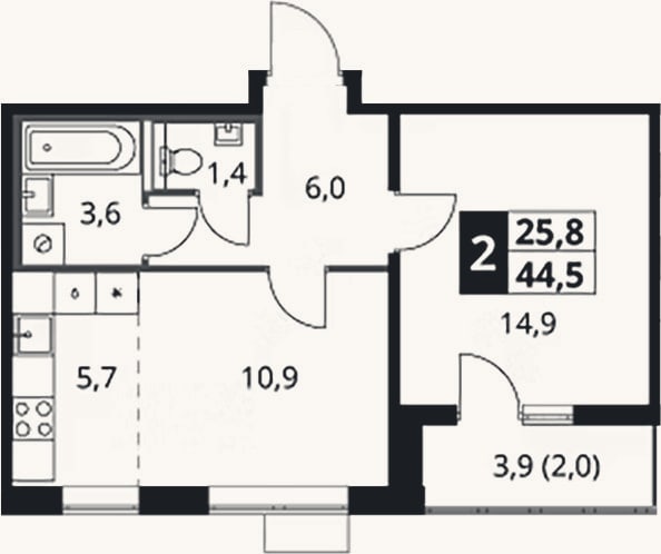Планировка: 2-к, 42,5 м²