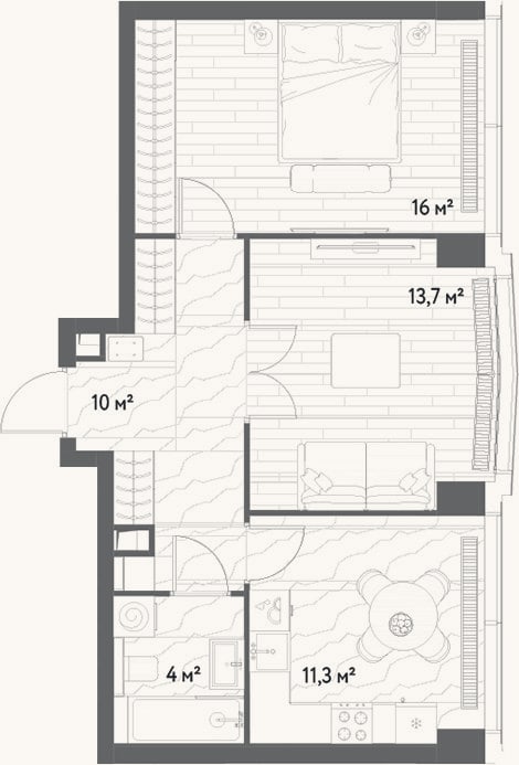 Планировка: 2-к, 55 м²