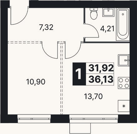 Планировка: 2-к, 36,1 м²