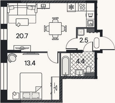 Планировка: 2-к, 41 м²