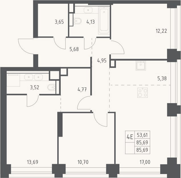 Планировка: 4+ к, 85,7 м²