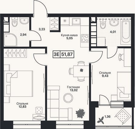 Планировка: 3-к, 50,5 м²